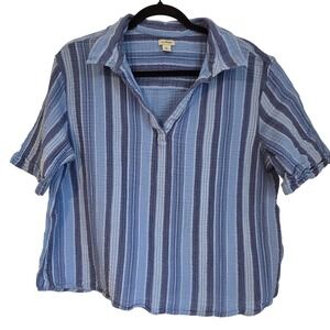 L.L.Bean Blue Striped Gauze‎ Collared Pullover Shirt Top XL